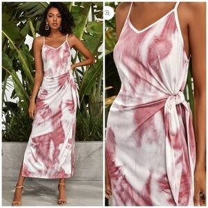 Womens White Red Tie Dye Knot Side Split Thigh Bodycon Maxi Cami Dress Size XL